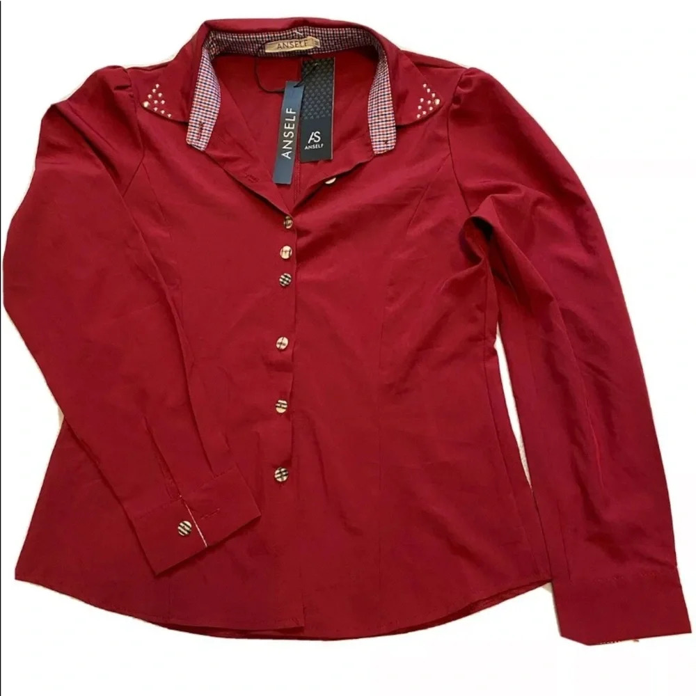 Anself Red Button Front Blouse Long Sleeves Size M